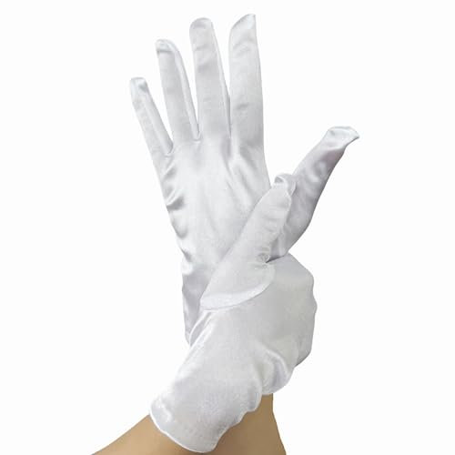 Achsoo Kurze Handschuhe für Damen Handgelenklange Handschuhe Braut Kostüm Halloween Kostüm Hochzeit (White(Satin Fabric))