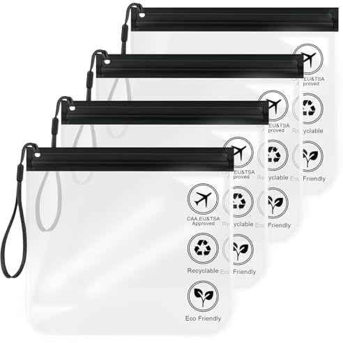 Aucuu 4Pcs Clear Travel Toiletry Bag, Airport Security Liquid Bag Travel Accessories, 20 x 20cm TSA Approved Makeup Bags, Holiday Essentials for Journey Holiday for Women/Men (Black with Rope)