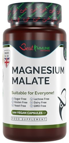 Best Immune Natural malato de magnesio de categoría premium 500 mg Dosis Ideal 100 Cápsulas Veganas de Alta Biodisponibilidad
