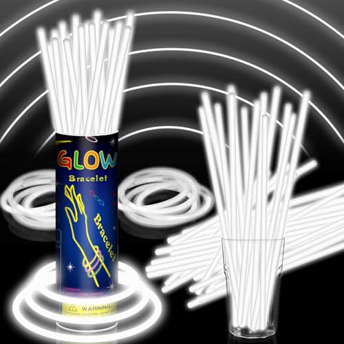 Taikula 100 Pack 8” White Glow Sticks Bulk with 100 Connectors Neon Glow In The Dark Party favors Supplies for Holiday Birthday Party Decoration (White)