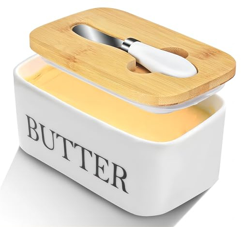 Mantequillera de Cerámica, 600ml Recipiente Hermética para Mantequilla, Plato Mantequilla con Tapa e Cuchillo Pequeño, Contenedor para Mantequilla de Porcelana, Caja de Almacenamiento de Manteca/Queso