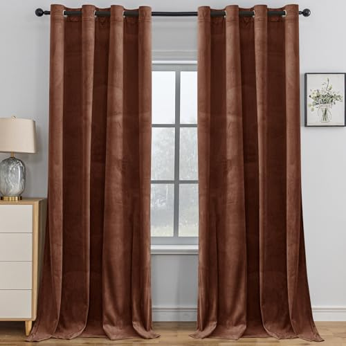 YSTELLAA Sammetsgardiner Om 2 Set, 140 X 280 Cm, Ljustäta För Sovrum, Termiska Gardiner Med Öljetter, Ljudisoleringsgardin Termiskt Isolerad, Värmeisolerande Gardiner För Vardagsrum, Brun