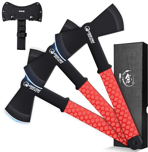 Dream Reach 3PCS Double Edged Äxte Set, Full Tang Handle mit roter Gummihülle Survival Axt, Camping Outdoor Viking Axt für Bushcraft, Wald, Garten, Geschenke für Männer