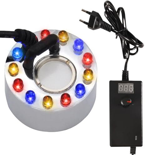 Joycabin Ultraschall Vernebler, Mini Nebelmaschine, 12 LED Lichtern Nebelhersteller mit Einstellbare Nebelmenge, Mist Maker Wassernebler für Halloween Springbrunnen Wasserspiel und Topflandschaft