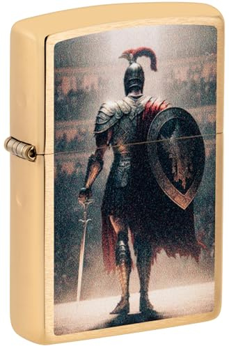 Zippo Windproof Lighter - Gladiator Design - Gold - Brushed Brass - Colour Image - Refillable - Reusable - Windproof Design - Gift Box - Made in USA