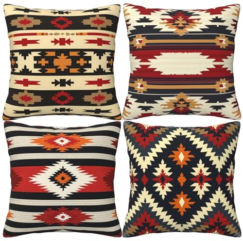 HOSTECCO Aztec Kuddöverdrag 45 x 45 cm set med 4 etniska tribal kuddfodral mexikanska dekorativa kuddöverdrag för soffa
