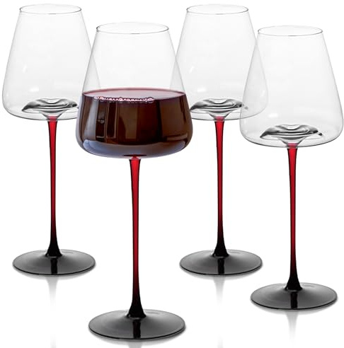 LEMONSODA Concave Champagne & Wine Glasses - Modern Red Stem & Black Bottom for Sparkling Wine, Rosé, Prosecco, Champagne – Handcrafted Barware, Perfect for gift (16oz, Set of 4)