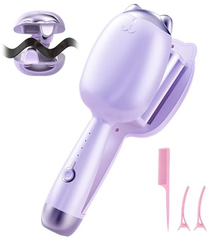 LYNCLYFELOOP Crimper Hair Tool, Beach Waves Curling Wand,Ionic Hair Waver with 1.26 Inch Double Barrel for Women，Easy to Use，Four-Speed Adjustment and Automatic Power-Off, Purple