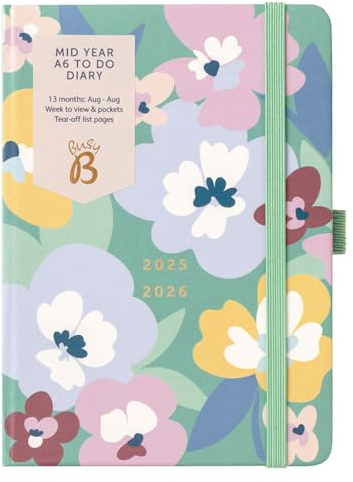 Busy B A6 Diary - Mid-Year Academic Planner - Aug '25 - Aug '26 - Floral Print Planner Journal - Week-to-View with To-Do Lists, Notes Pages, 3 Pockets, Pen Loop, Year Planner & Elastic Closure