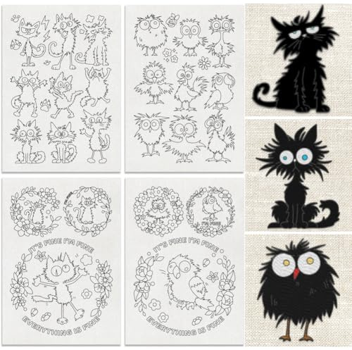 DOODLREAM Lot de 24 stabilisateurs de couture à la main solubles dans l'eau - 21 x 29,7 cm - Stabilisateur de motif de broderie animal amusant - 4 feuilles de bâton moelleux pour chat et oiseau et