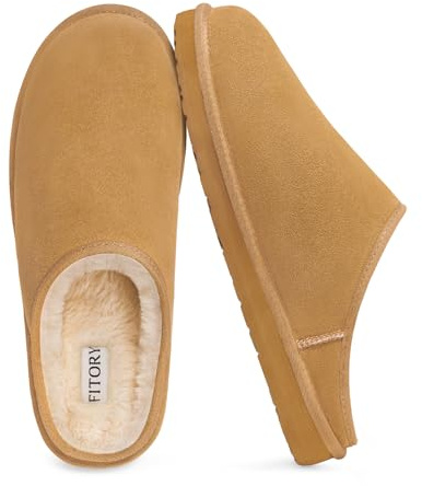FITORY Men's Suede Slippers, Memory Foam House Shoes Size 6.5-13.5 | Luxury Leather Mules Style, Slip On with Fur Lined, Comfy Fuzzy Warm, Scuff Sole for Indoor Outdoor Winter