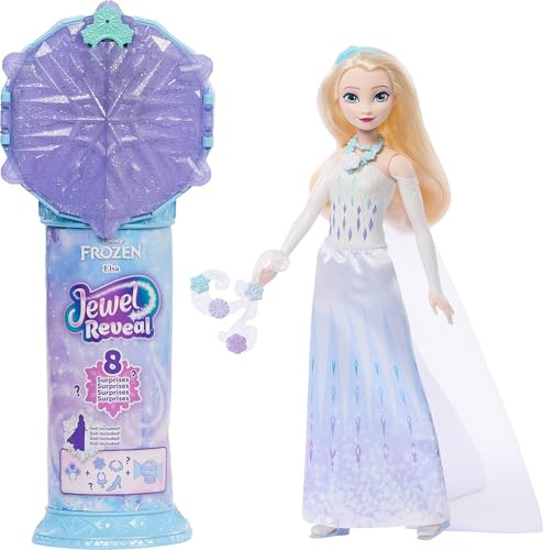 Mattel Disney Frozen Muñeca Elsa de Moda y Accesorios con 8sorpresas, Incluido un joyero con Forma de Copo de Nieve, un Anillo para los peques y 9 Piezas de Juego, Inspirada en la película, JJY36
