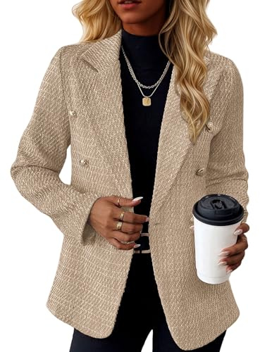 Mina Self Fall Blazers Jackets for Women Winter 2025 Tweed Khaki Warm Double Breasted Business Casual Office Womens Dressy Fashion Trendy Cute Boyfriend Women's Blazer & Suit Jacket QY062 Khaki M