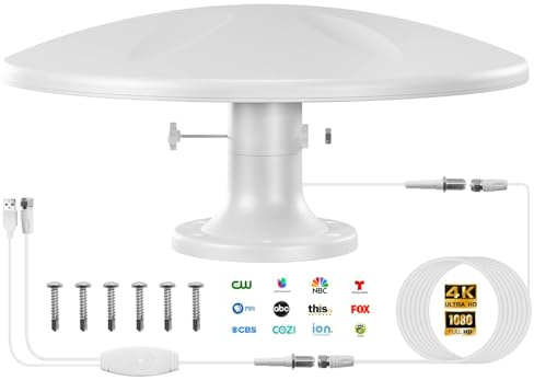 Outdoor Caravan TV Aerial with Amplifier, Freeview Digital HDTV Campervan TV Aerial Roof Mount for 4K Local Channels for Camper RV Trailer - 360° Omni-Directional, 16.4FT Cable (white)