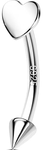 OUFER - Piercing para ceja 925, plata de ley, piercing Labret vertical labio 16 G, joya de Hélix Tragus Daith Corazón 8 mm, pendientes de cartílago para mujer, 16G8MM, Plata de ley