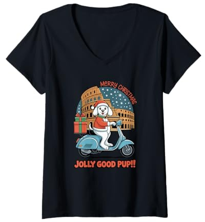 Mujer Jolly Good Pup Christmas Scooter Perro Roma Camiseta Cuello V