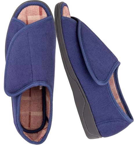 Men's Wide Furry 80-D Memory Foam Diabetic Slipper with Adjustable Closures, Wide Width Warm Plush Fleece Arthritis Edema Swollen Diabetic House Shoes Machine Washable w/Anti Slip Sole