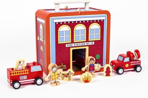 Jack Rabbit Creations Fire House Suitcase Playset - Wooden Fire Station Playset, 15 Pieces - Ages 3+