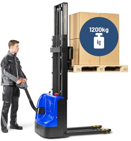 Pallit Transpaleta Eléctrica de Altura Alta BUDGET-M | Altura de Elevación de 3500 mm | Capacidad de Carga de 1200 kg | Incluye 2 Baterías de Plomo-Gel | Montacargas Eléctrico