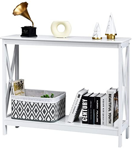 LIFEZEAL Mesa de Consola recibidor, Mesa de Entrada de 2 Niveles, Mesita Auxiliar de Madera Larga con Barras en X, Mueble para Sala de Estar, Pasillo, Dormitorio, Entrada, 100 x 30 x 80 cm (Blanco)