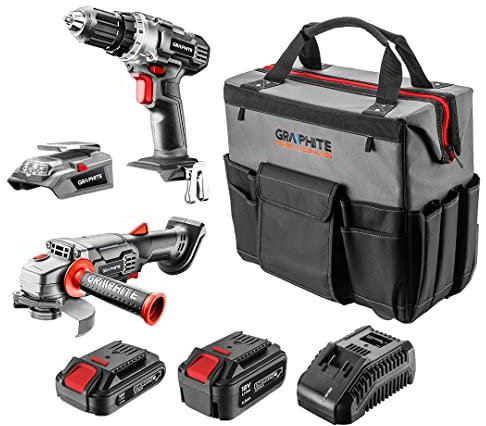 GRAPHITE Energy+ Kit perceuse/visseuse (58G000), meuleuse d'angle (58G003), lampe de poche LED adaptateur USB (58G025), 2,0 Ah et 4,0 Ah, chargeur (58G002), grand sac de transport avec poignée, 58G093