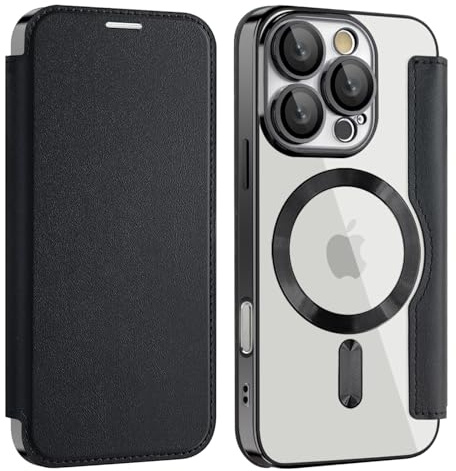 Unichthy Magnetic Phone Case for iPhone 16 Pro Max Flip Clear Cover，Black | Strong Magnetic Attachment, RFID Blocking Card Holder, Shockproof PU Leather TPU Back, Individual Protection for Each Lens