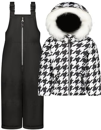 Jessica Simpson Girls' Two-Piece Insulated Winter Snowsuit with Faux-Fur Hooded Jacket and Ski Bib Overalls, Black/White, 5/6