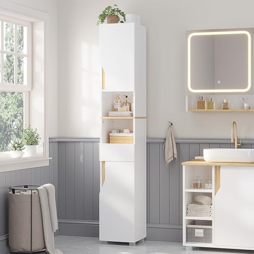 FORABAMB Badezimmerschrank, Hochschrank Badezimmer mit Schublade, verstellbare Ablagen, 2 offenen Fächern, platzsparender Badschrank, Badmöbel, für Wohnzimmer, Küche und Bad, Weiß, 30 x 30 x 180 cm