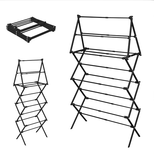 LOFTEY 4 Tier Extendable Clothes Airer, Foldable Cloth Drying Rack with Tower Top, Clothes Horse Indoor & Outdoor, Space-Saving Maiden, Expands 50 to 74 cm Wide, Black