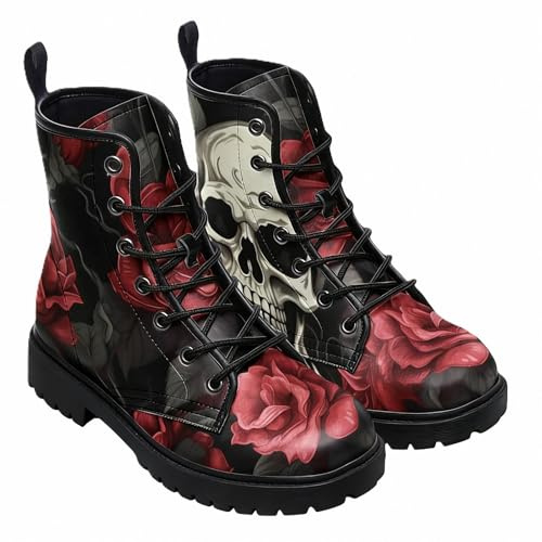 FQLGJMY Women Ankle Boots Goth Skull Floral Rose Flame Lace-up Leather Lightweight Combat Booties Round Toe Platform with Jeans Dress Fashion Casual Everyday Travel Party Spring Fall Winter