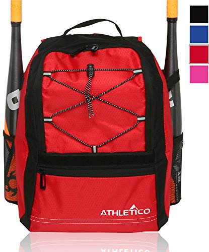 Athletico Youth Baseball Bat Bag - Backpack for Baseball, T-Ball & Softball Equipment & Gear for Kids & Youth | Holds Bat, Helmet, Glove | Fence Hook (Red)
