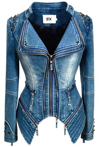 Fashion SX Womens Rivet Faux Leather Jacket Zipper Moto Biker Denim coat Motorcycle Outwear (3XL, Blue)