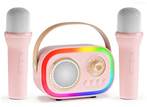Karaoke per Bambini e Adulti con 2 Microfono, Regalo Bambina 3-18 Anni Macchina per Karaoke Bambini Bluetooth con 5 LED e 12 Effetti Vocali，Giochi Bimba 3-18 Anni,Regalo Natale Compleanno Giocattoli