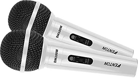 Fenton DM100W Set de 2 micrófonos Blancos con Cable Desmontable de 3 m y Conector Jack 6,3 mm, Ideal para Karaoke, Fiestas, vocalistas y DJ Principiantes