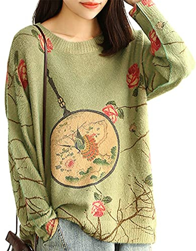 YESNO Women Long Sleeve Jumpers Knitted Graphic Sweater Crew Neck Loose Vintage Pullover Sweater Tops (L S01UK CR22)