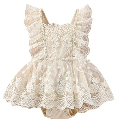 Sasaerucure Infant Baby Girl Summer Outfits Sleeveless Dress Romper Lace Tutu Onesie Backless Jumpsuit Ruffle Bodysuit One Piece (Khaki, 6-12 Months)