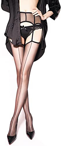 GOCBOBO Damen Glänzende Strapsstrümpfe mit Naht Hohe Taille Sexy Durchsichtige Strapsstrumpfhose Rückennaht Schwarz