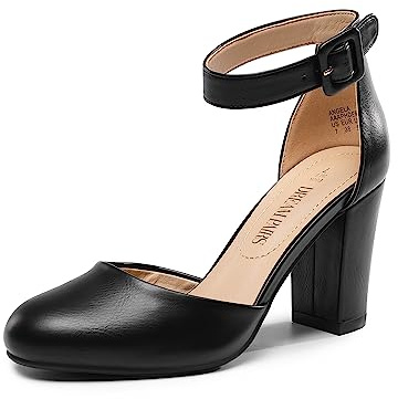 DREAM PAIRS Zapatos de Tacón Acho Cómodos Clásicos de Punta Redonda Zapatos de Salón Alto con Tira de Tobillo Bodas y Fiestas Negro-PU Angela Talla 40EU/8.5US