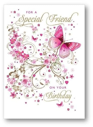 Nigel Quiney Special Friend Female Birthday Card - Pink Butterfly and Flowers - Eco-Friendly and Recyclable