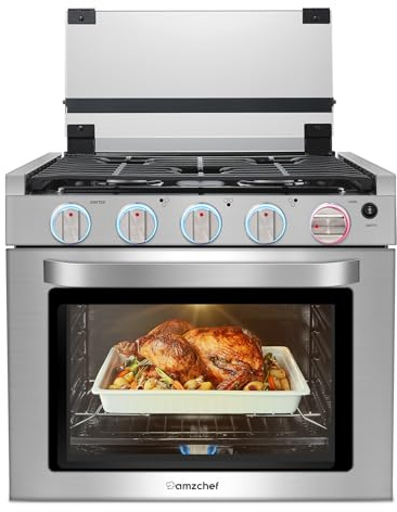 AMZCHEF RV Gas Range Stove 12V. Range Oven for RV Use with 3 Burners,Gas Oven, 28,100BTU, Open Flame Configuration, Knob work indicator, Heavy Duty Cast Iron Grates (Large 21 inch)