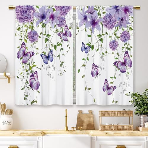 Laifzere Rideaux Courts Floral et Papillon – Rideaux de Cuisine Rustique avec Passe-Tringle – pour fenêtre de café, Ferme, Plante printanière – pour Salle de Bain (69,9X