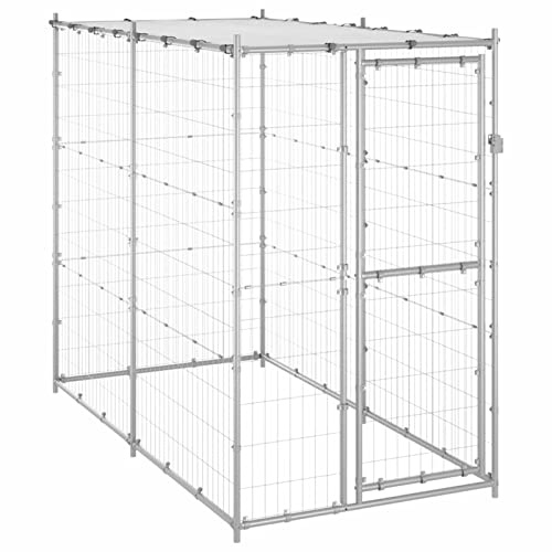 Festnight Perrera de Exterior de Acero con Techo, Jaula Gatos, Jaula para Perros, Casa De Perros Exterior, Plateado, 110 x 220 x 180 cm