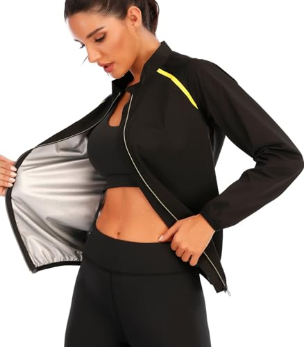 NINGMI Sauna Jackets for Women Long Sleeves Sweat Suit Weight Loss Shirt Zipper Workout Gym Exercise Body Shaper