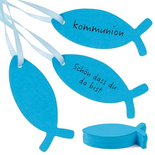 BOFUNX 50 Stücke Geschenkanhänger Taufe Fischform Etiketten Tags Kommunion Geschenkanhänger mit 10M Satinband für Taufe Kommunion Konfirmation Gastgeschenke