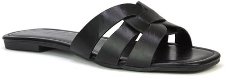 Women's Flat Slide Sandals Ladies Casual Slip On Strap Slip On Black Synthetic Leather Shoes Size 7