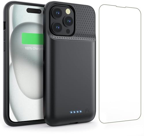 Feob Akkuhülle für iPhone 15 Pro (6,1), 7500mAh 15W Powerbank Hülle Zusatzakku Akku Case Akku Ladehülle Handyhülle Akku Battery Case Akku Hülle für iPhone 15 Pro (6,1) Charger Case-Schwarz