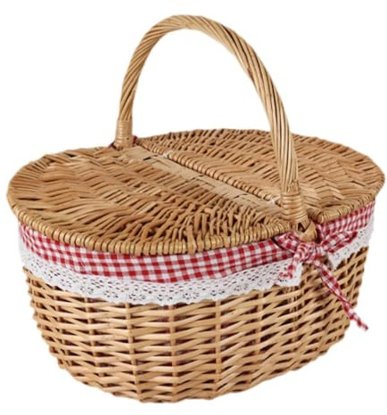 Folpus Cesta de Picnic de Mimbre, Cesta de Servicio de Almacenamiento de Ratán con Tapa Y Asa, Cesta de Almacenamiento, Cesta de Almacenamiento de Mimbre Par, Rojo, Grande