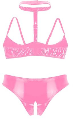 Choomomo Women's 2 Piece Lingerie Nightwear Halter Shelf Bra Quarter Cup Bra Tops with Panty Set Pink XL