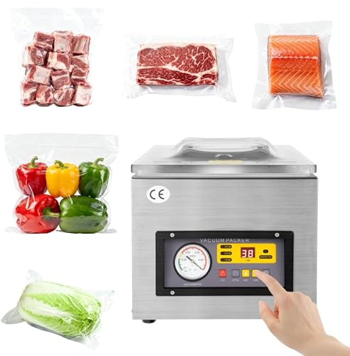 QUIOTUIR Sellador al Vacío de Cámara 3 en 1 Digital Máquina Envasado al Vacío Velocidad Entrada 2 CFM Embasadoras Vacio Alimentos Habitación 28×33×5.5cm para Sellar Alimentos, Frutas y Carnes