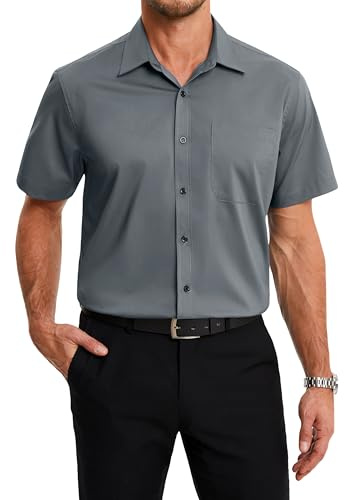 HISDERN Chemise Homme Manches Courtes Été Décontractée Chemises Gris en Fibre de Bambou Costume Homme Business Chemisette Formel Régulières pour Les Mariage XL